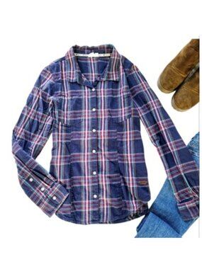 Roxy Women's Button Down Shirt Top Size XL Blue Red Plaid Grunge Long Sleeves